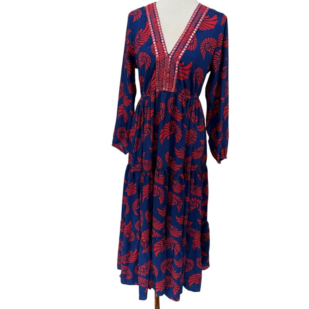 Blue and Red V-Neck Maxi Sundress with Bishop Sleeves